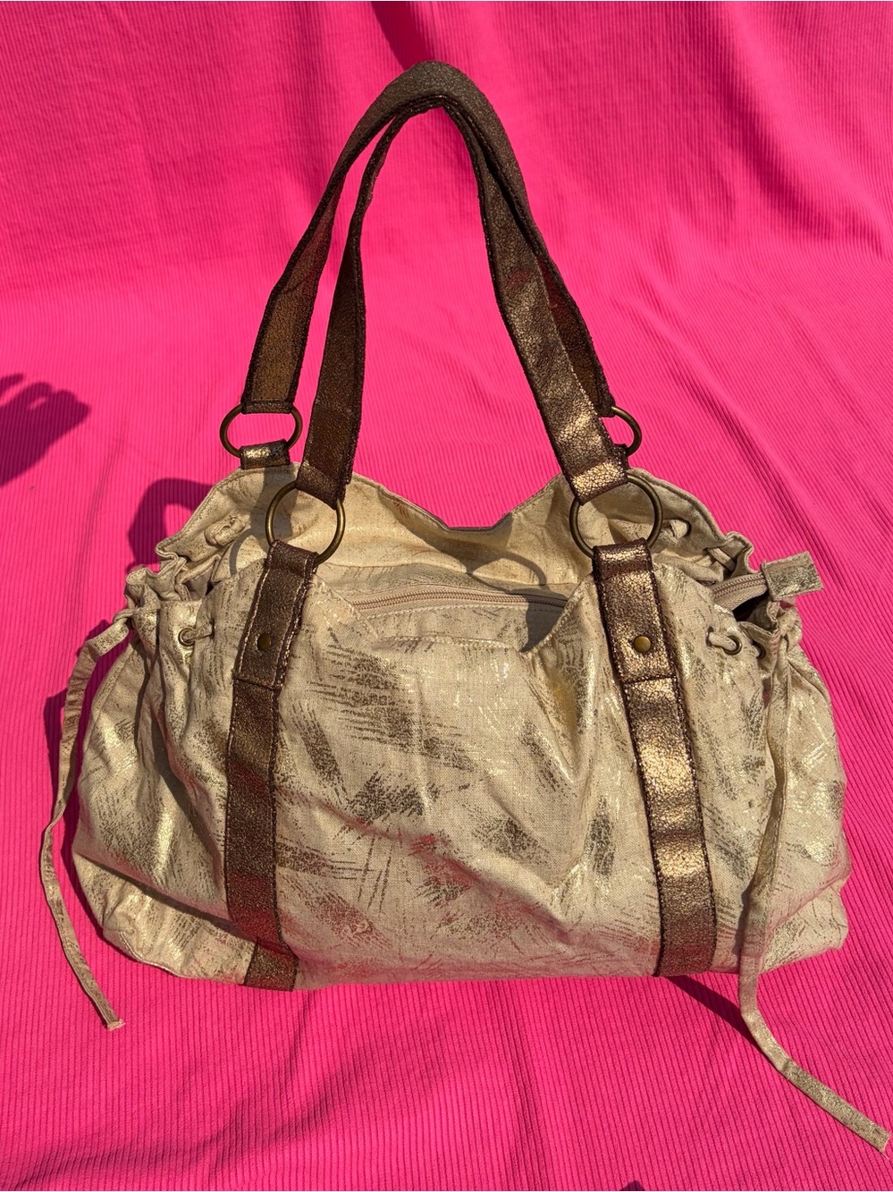 Vintage Italian Style Slouchy Hobo Bag - Metallic Cream Gold & Crackled Bronze